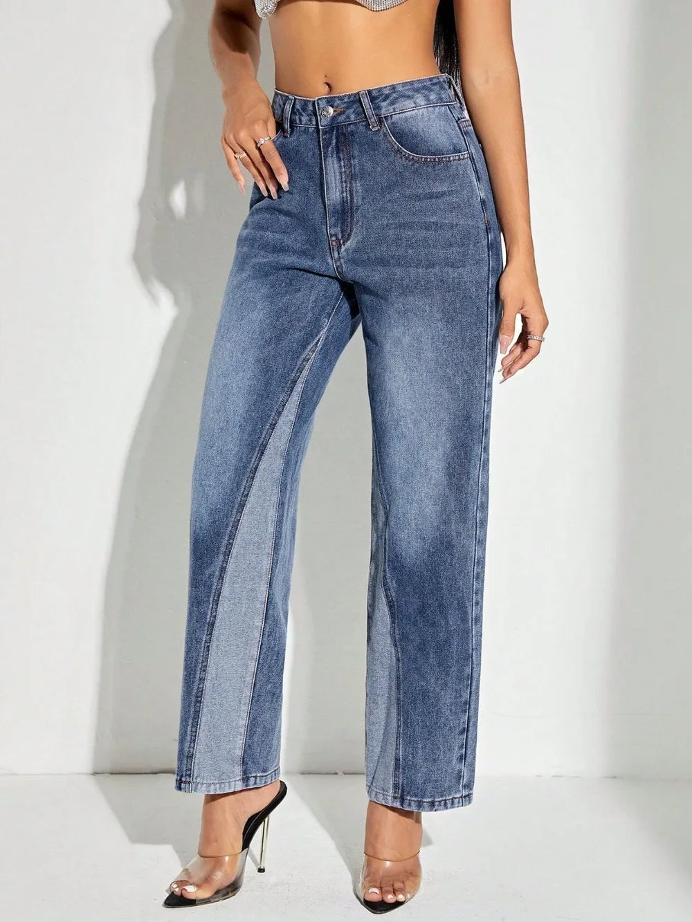 Contrast Patchwork Straight Jeans with Pockets - Merit Sell
