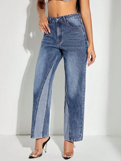 Contrast Patchwork Straight Jeans with Pockets - Merit Sell