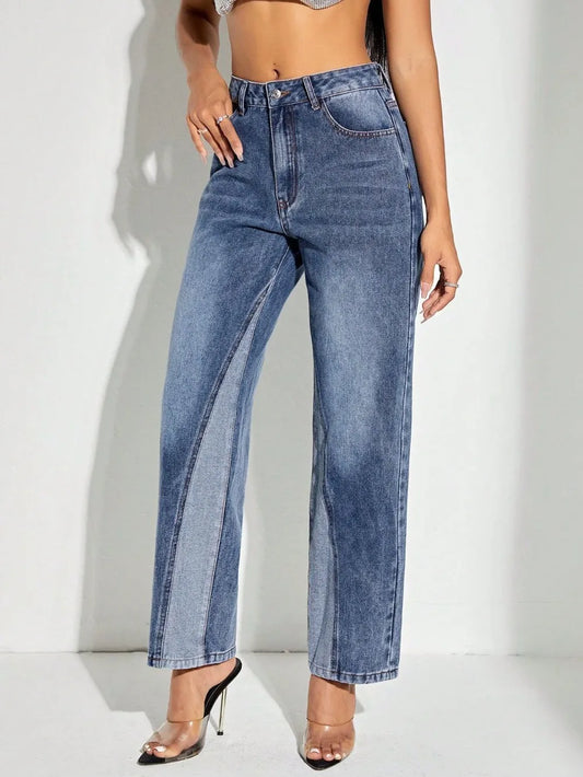 Contrast Patchwork Straight Jeans with Pockets - Merit Sell