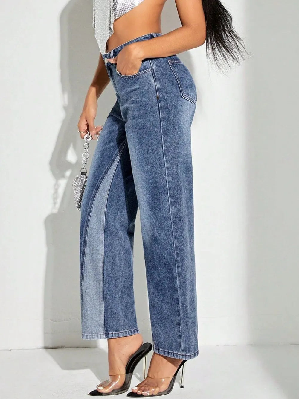 Contrast Patchwork Straight Jeans with Pockets - Merit Sell