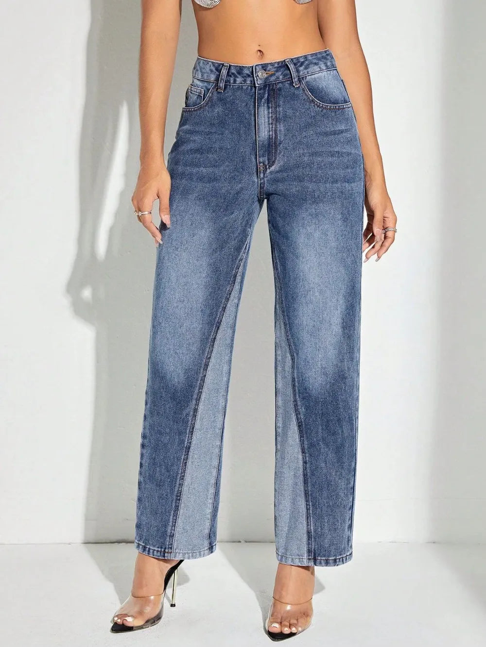 Contrast Patchwork Straight Jeans with Pockets - Merit Sell