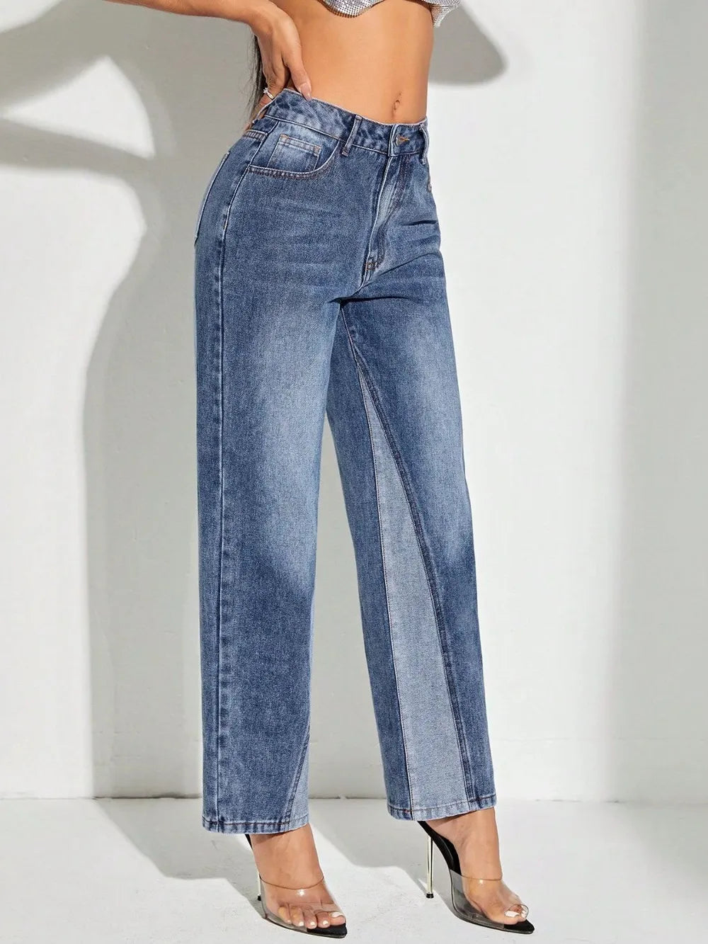 Contrast Patchwork Straight Jeans with Pockets - Merit Sell