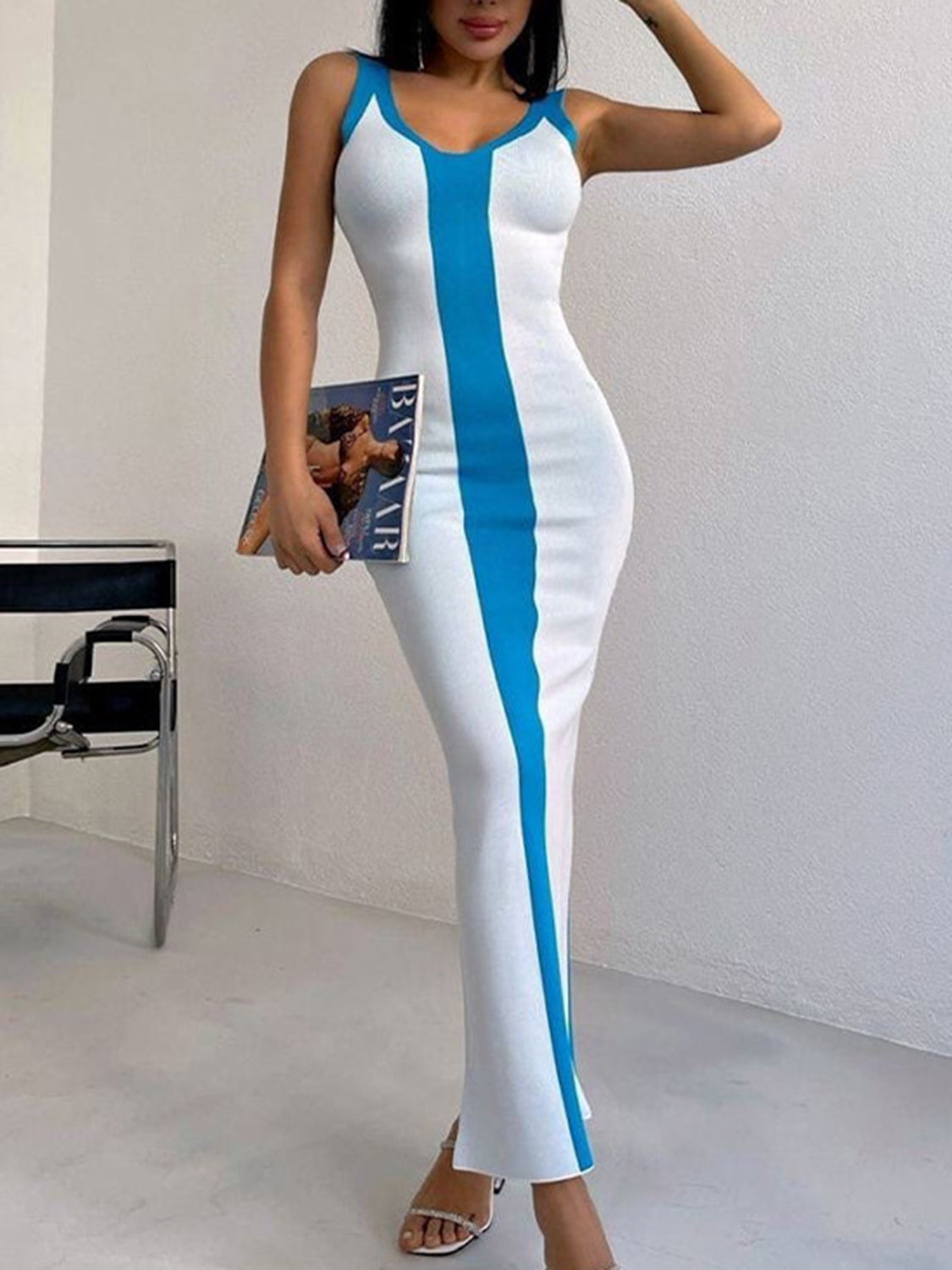 Contrast Wide Strap Slit Midi Dress - Merit Sell