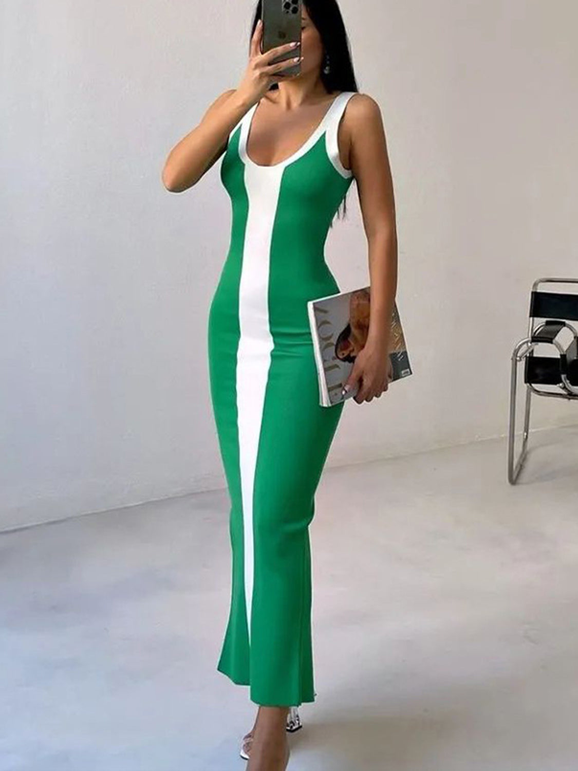 Contrast Wide Strap Slit Midi Dress - Merit Sell