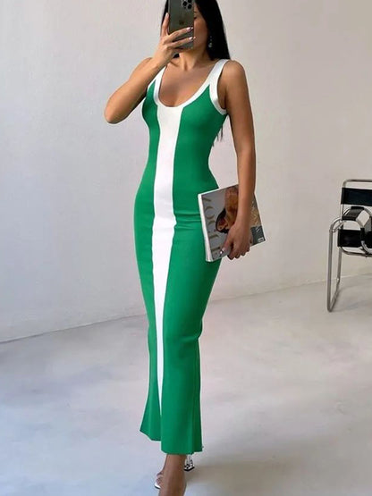 Contrast Wide Strap Slit Midi Dress - Merit Sell