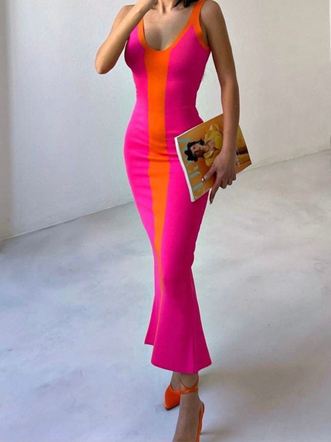 Contrast Wide Strap Slit Midi Dress - Merit Sell