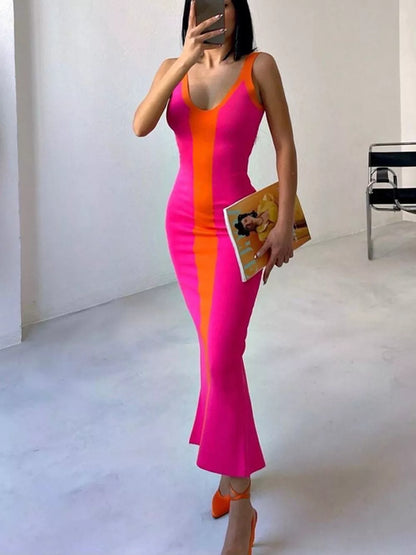 Contrast Wide Strap Slit Midi Dress - Merit Sell