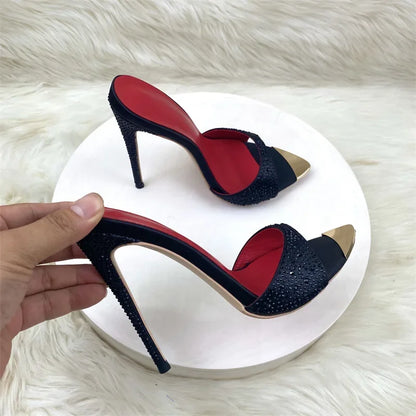 Crystal Black Shiny Fashion Women Sandals Slip on 12cm High Heels Slides Wedding Sexy Shoes Woman Slippers Plus Size 33-45 - Merit Sell