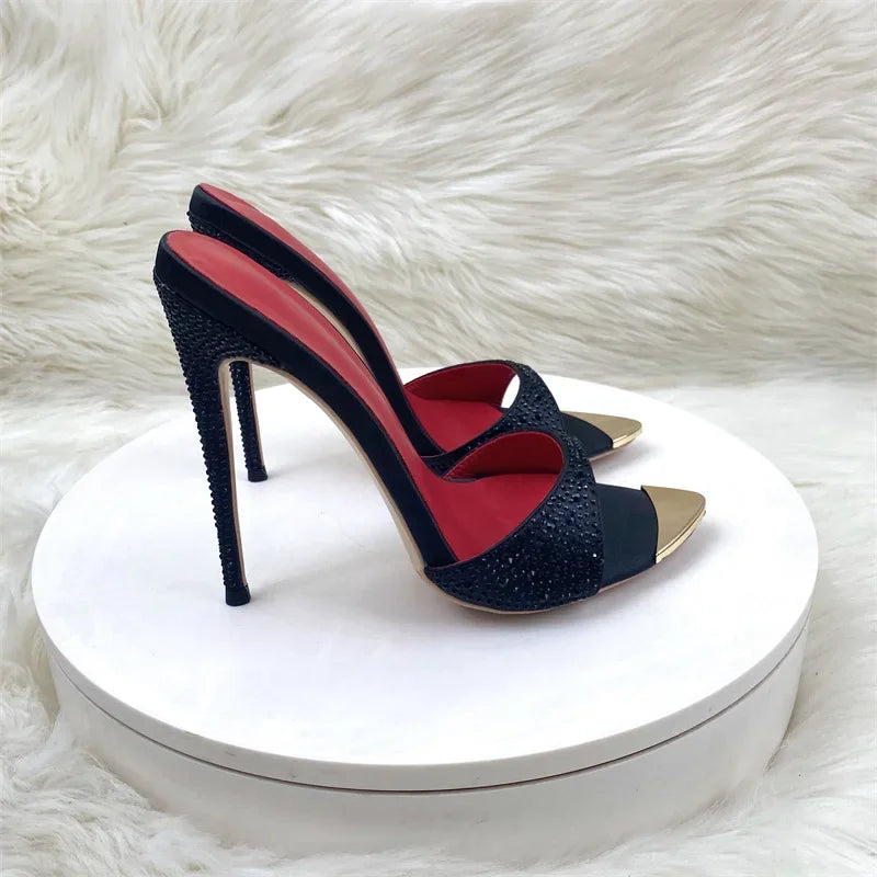Crystal Black Shiny Fashion Women Sandals Slip on 12cm High Heels Slides Wedding Sexy Shoes Woman Slippers Plus Size 33-45 - Merit Sell