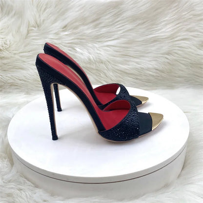 Crystal Black Shiny Fashion Women Sandals Slip on 12cm High Heels Slides Wedding Sexy Shoes Woman Slippers Plus Size 33-45 - Merit Sell