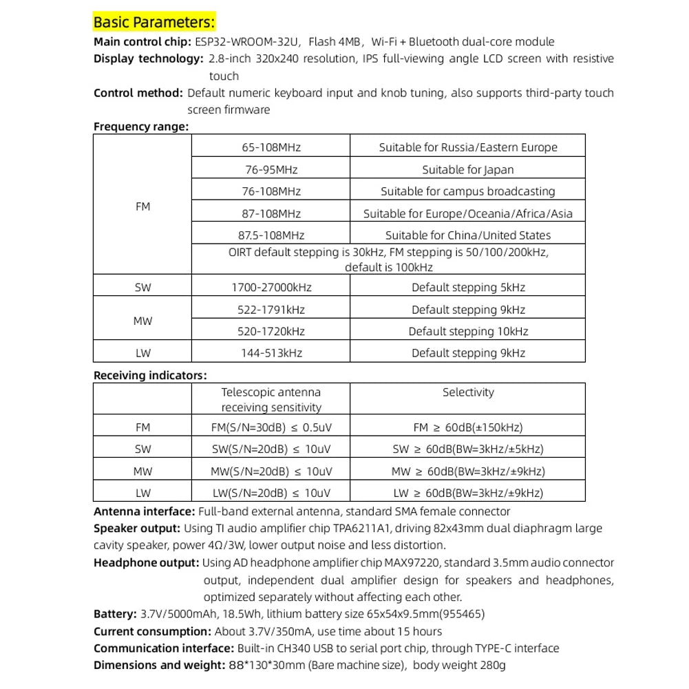 DP-666 TEF6686 Radio High Sensitivity Full Band FM AM LW MW SW Shortwave ESP32 RDS 2.8inch IPS Touch LCD Screen DSP Radio - Merit Sell