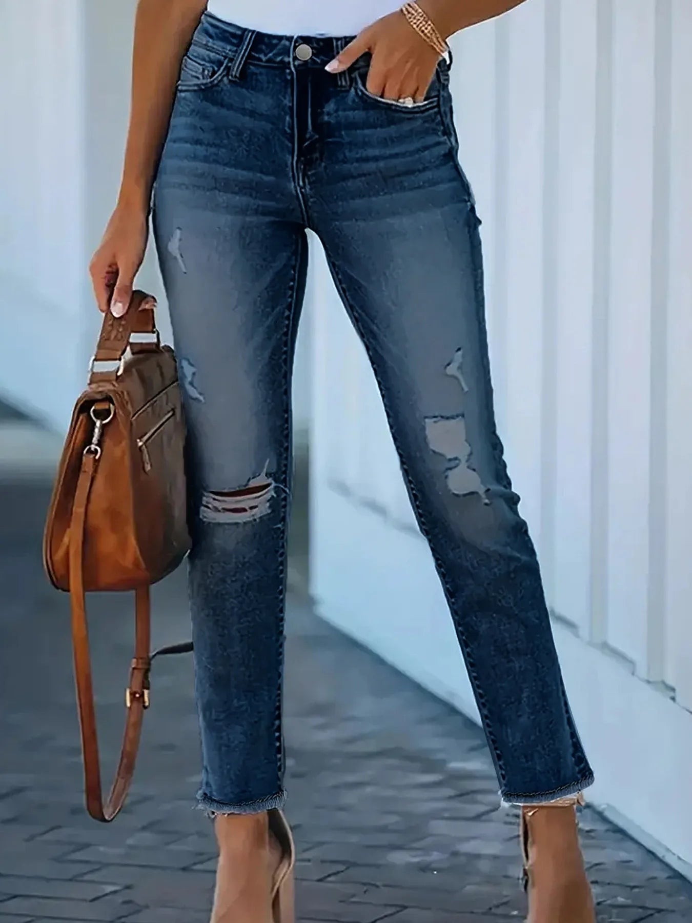 Distressed High-Waisted Skinny Jeans - Merit Sell