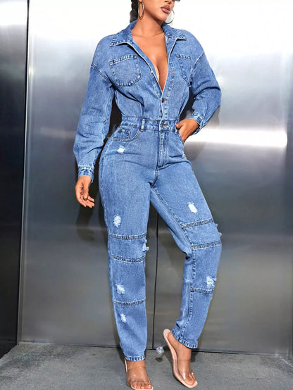 Distressed Long Sleeve Denim Jumpsuit - Merit Sell