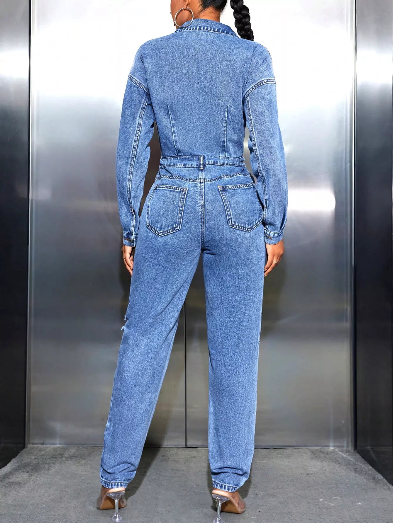 Distressed Long Sleeve Denim Jumpsuit - Merit Sell