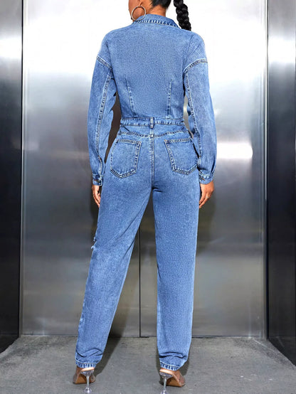Distressed Long Sleeve Denim Jumpsuit - Merit Sell
