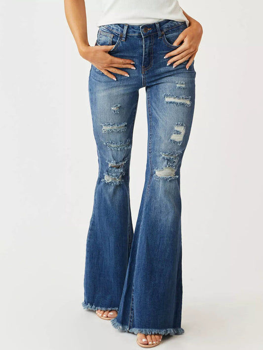 Distressed Raw Hem High-Waisted Flare Jeans - Merit Sell