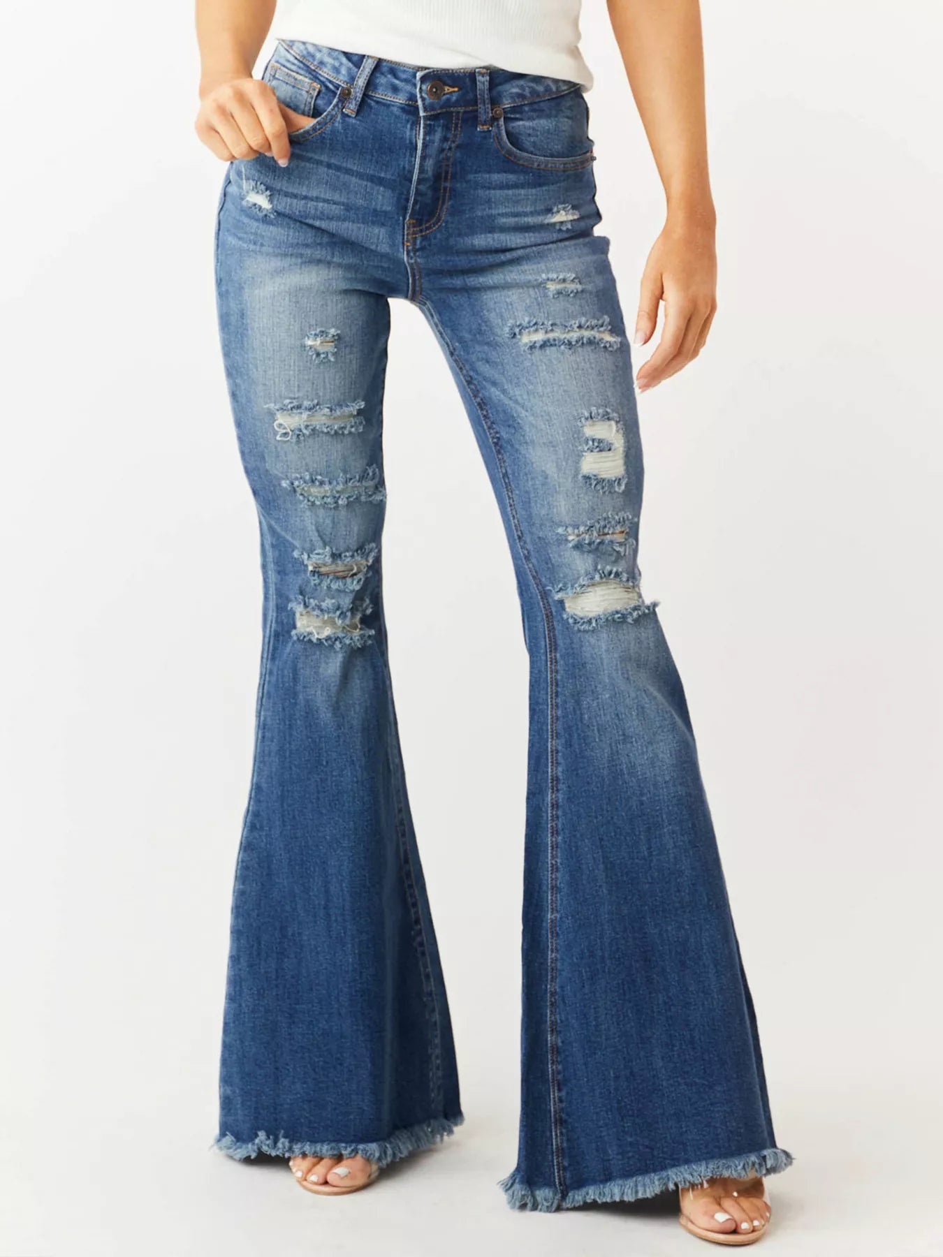 Distressed Raw Hem High-Waisted Flare Jeans - Merit Sell