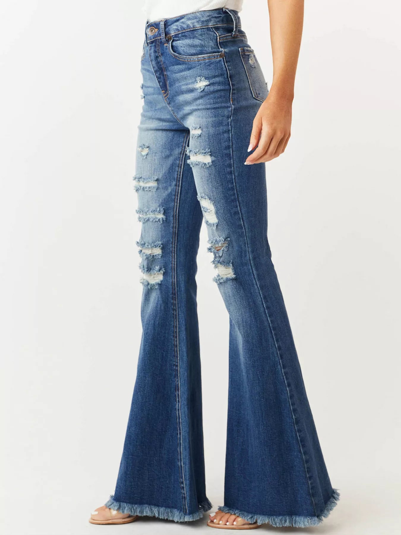 Distressed Raw Hem High-Waisted Flare Jeans - Merit Sell