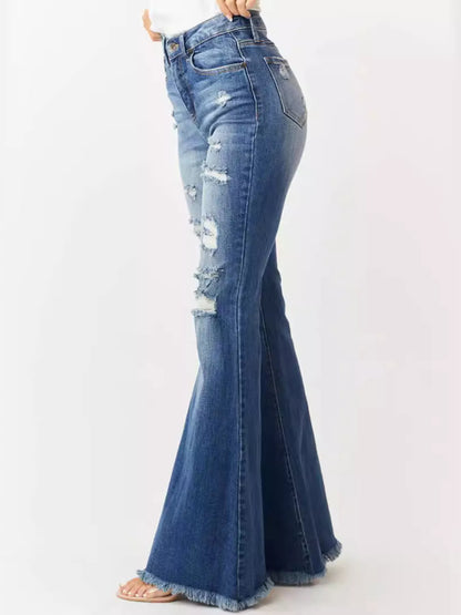 Distressed Raw Hem High-Waisted Flare Jeans - Merit Sell
