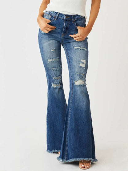 Distressed Raw Hem High-Waisted Flare Jeans - Merit Sell
