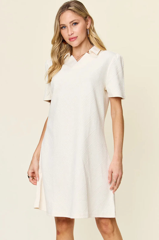 Double Take Full Size Texture Collared Neck Short Sleeve Dress - Merit Sell