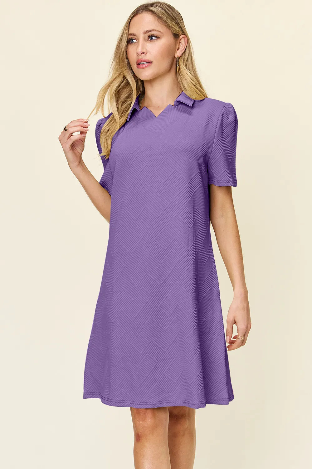 Double Take Full Size Texture Collared Neck Short Sleeve Dress - Merit Sell