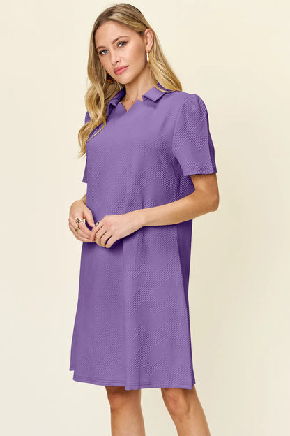 Double Take Full Size Texture Collared Neck Short Sleeve Dress - Merit Sell