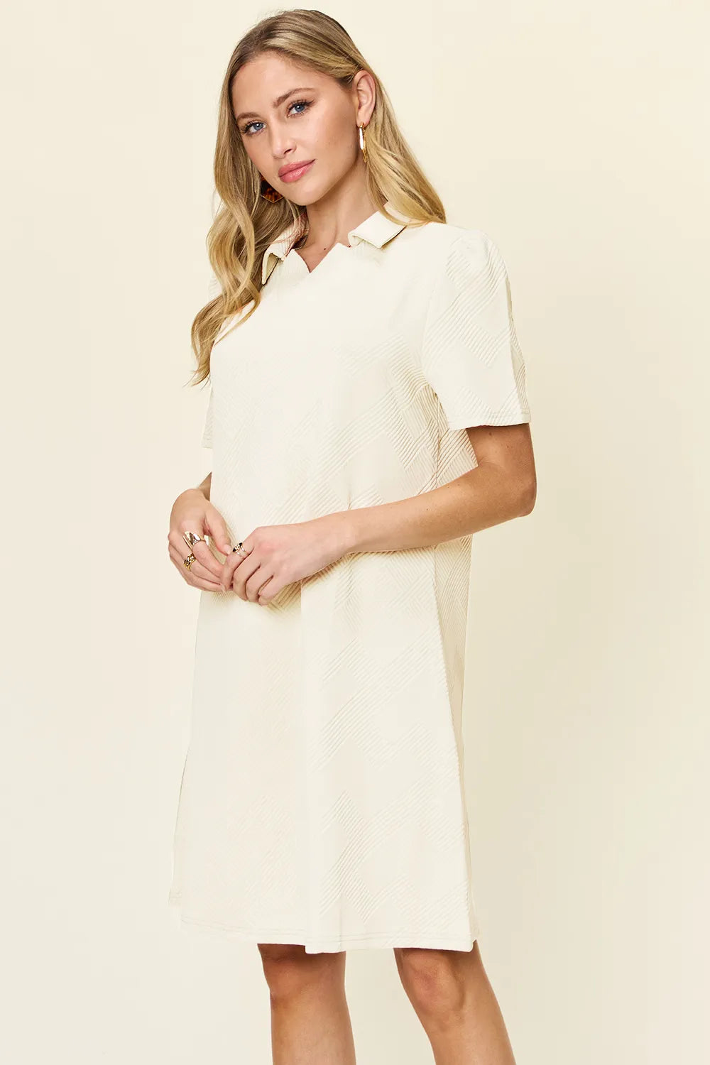 Double Take Full Size Texture Collared Neck Short Sleeve Dress - Merit Sell