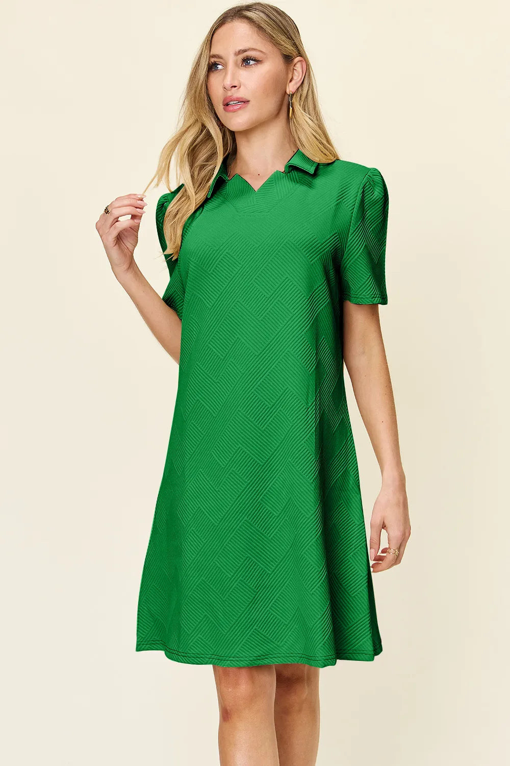 Double Take Full Size Texture Collared Neck Short Sleeve Dress - Merit Sell