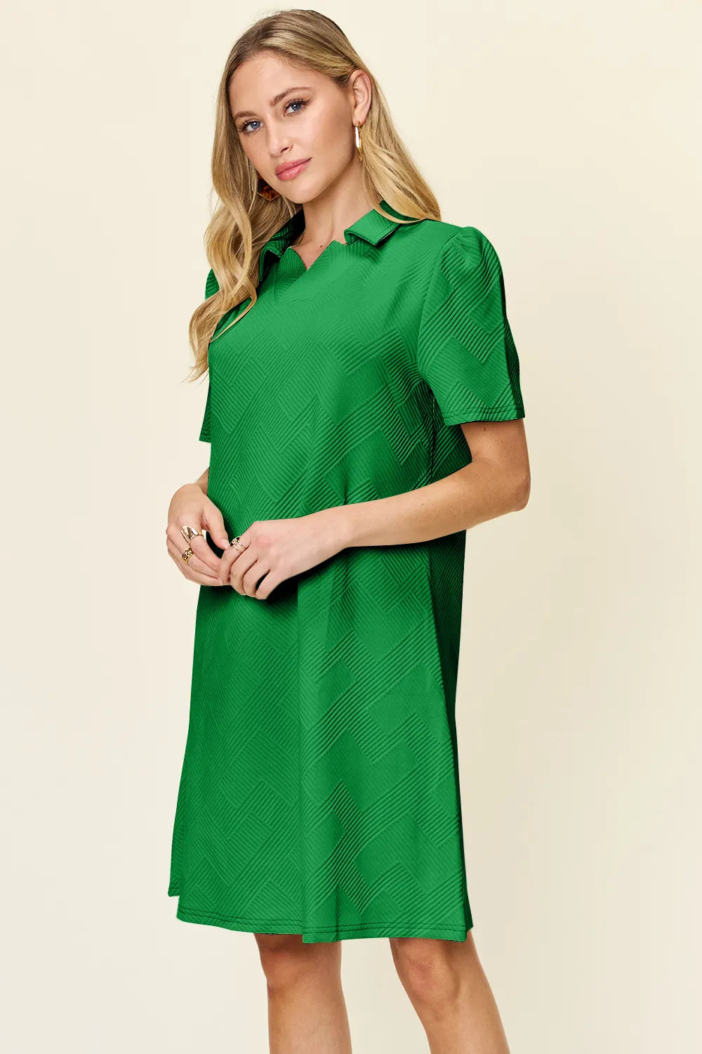 Double Take Full Size Texture Collared Neck Short Sleeve Dress - Merit Sell