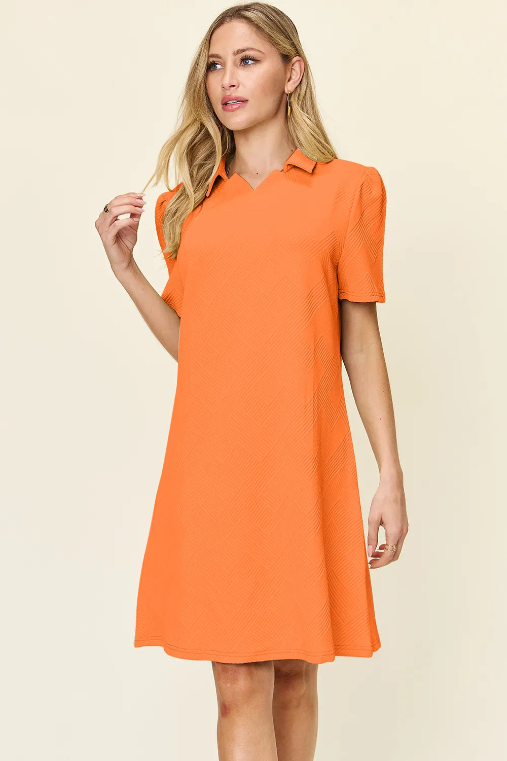 Double Take Full Size Texture Collared Neck Short Sleeve Dress - Merit Sell