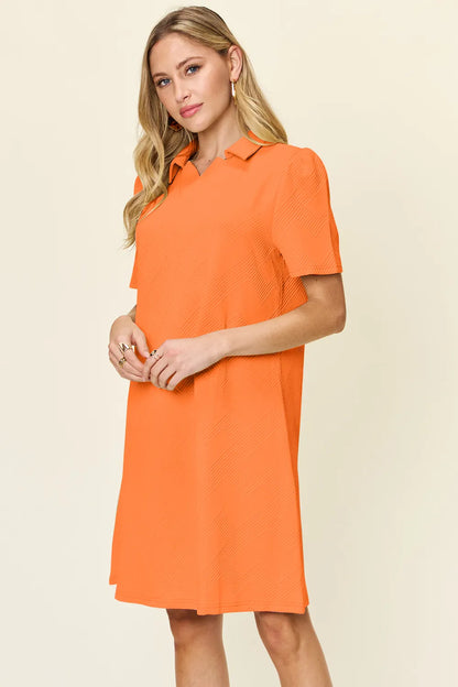 Double Take Full Size Texture Collared Neck Short Sleeve Dress - Merit Sell
