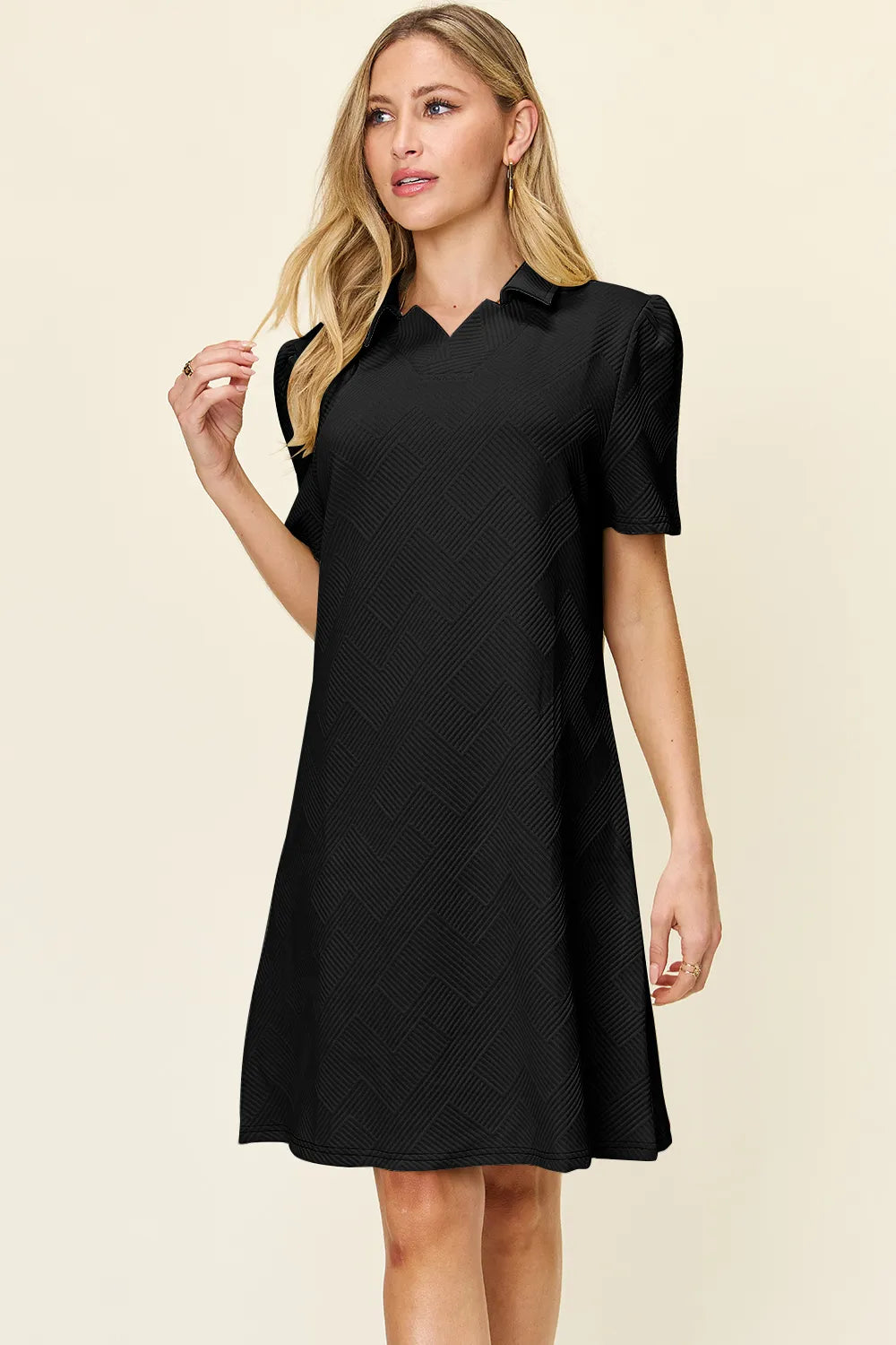 Double Take Full Size Texture Collared Neck Short Sleeve Dress - Merit Sell
