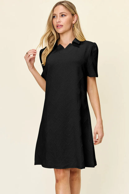 Double Take Full Size Texture Collared Neck Short Sleeve Dress - Merit Sell