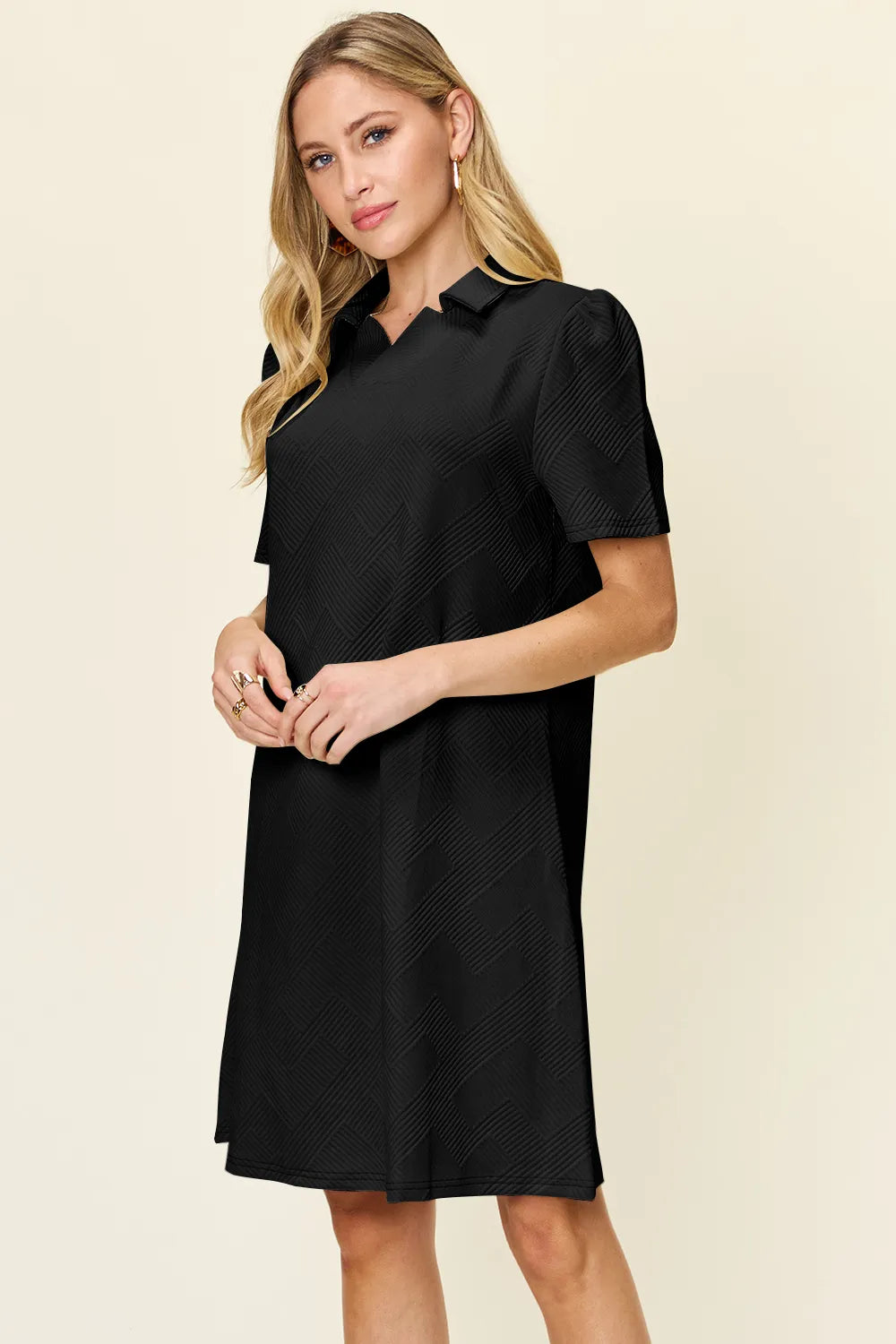 Double Take Full Size Texture Collared Neck Short Sleeve Dress - Merit Sell