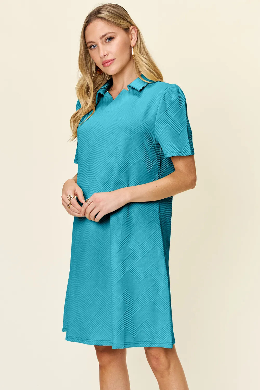 Double Take Full Size Texture Collared Neck Short Sleeve Dress - Merit Sell