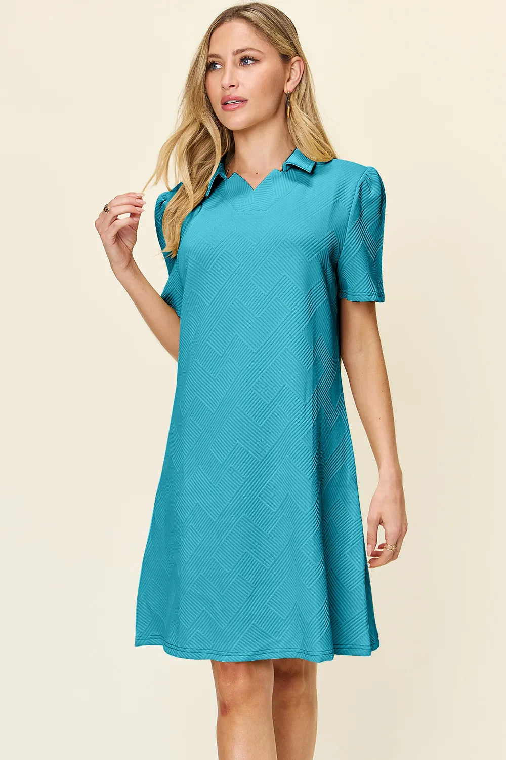 Double Take Full Size Texture Collared Neck Short Sleeve Dress - Merit Sell