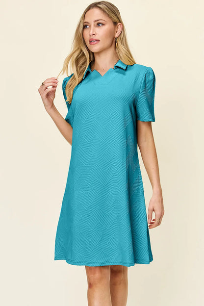 Double Take Full Size Texture Collared Neck Short Sleeve Dress - Merit Sell