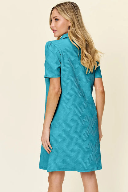 Double Take Full Size Texture Collared Neck Short Sleeve Dress - Merit Sell