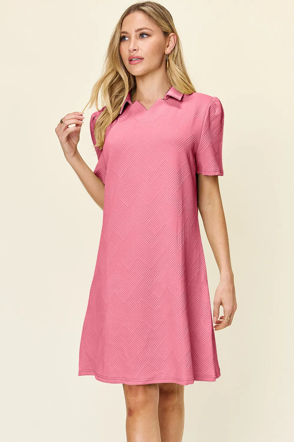 Double Take Full Size Texture Collared Neck Short Sleeve Dress - Merit Sell