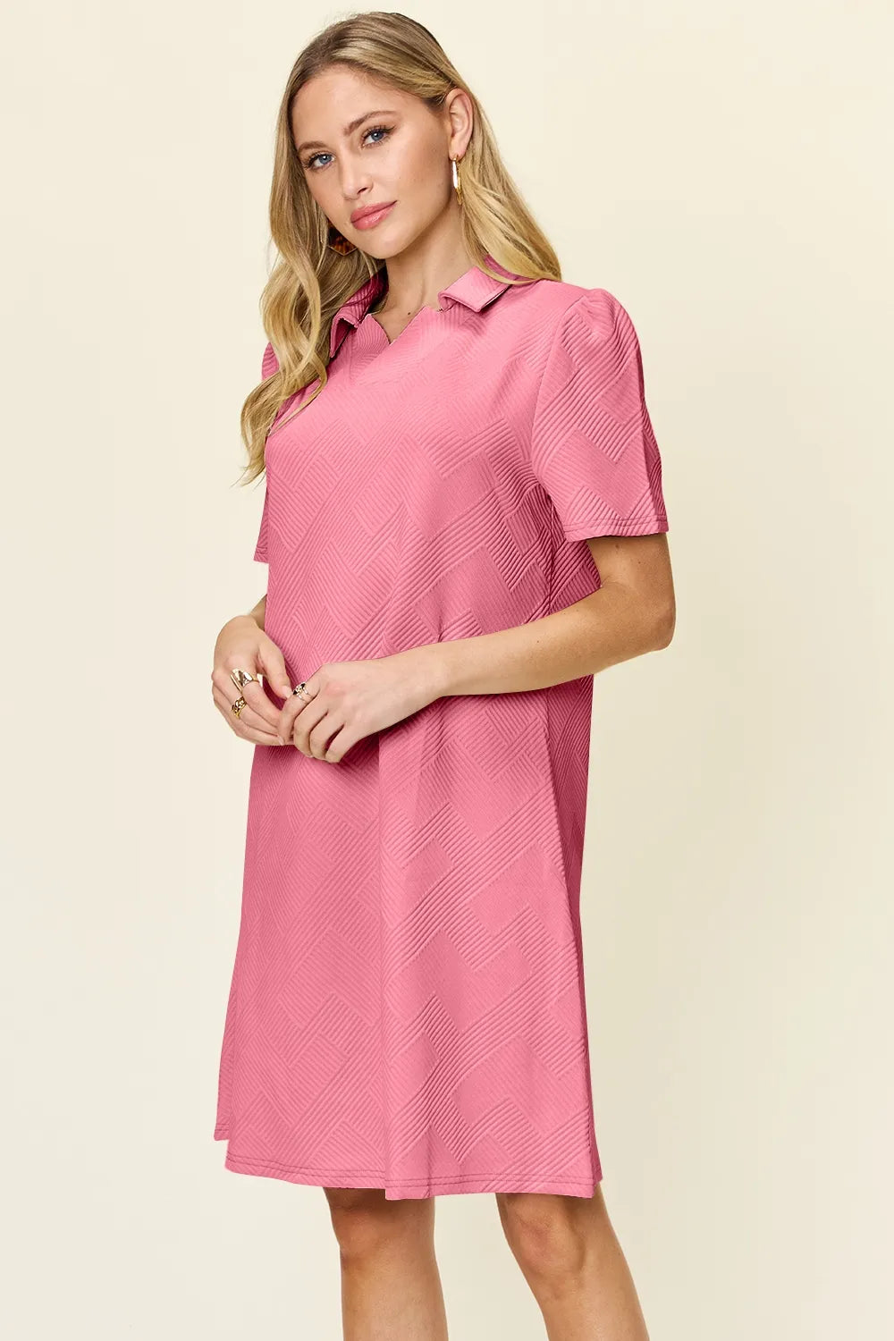 Double Take Full Size Texture Collared Neck Short Sleeve Dress - Merit Sell