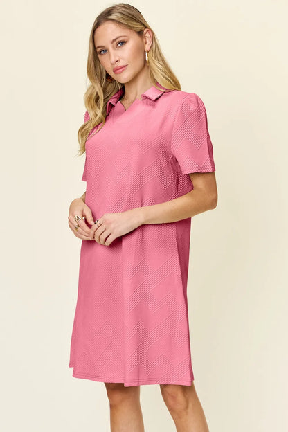 Double Take Full Size Texture Collared Neck Short Sleeve Dress - Merit Sell