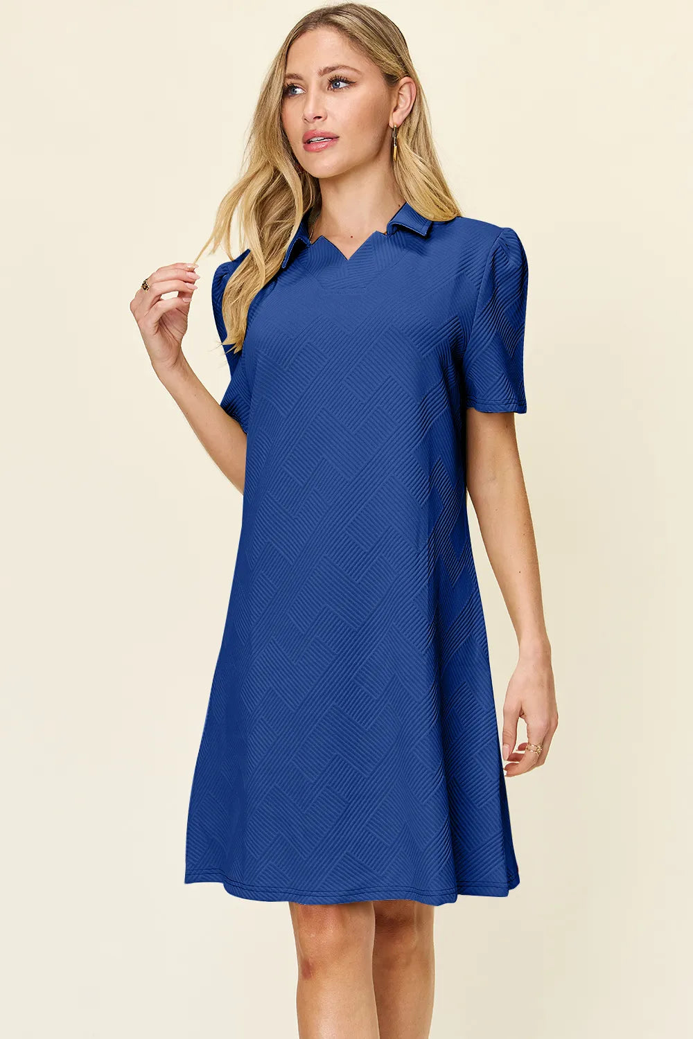 Double Take Full Size Texture Collared Neck Short Sleeve Dress - Merit Sell