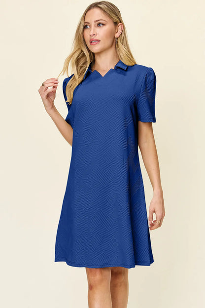 Double Take Full Size Texture Collared Neck Short Sleeve Dress - Merit Sell