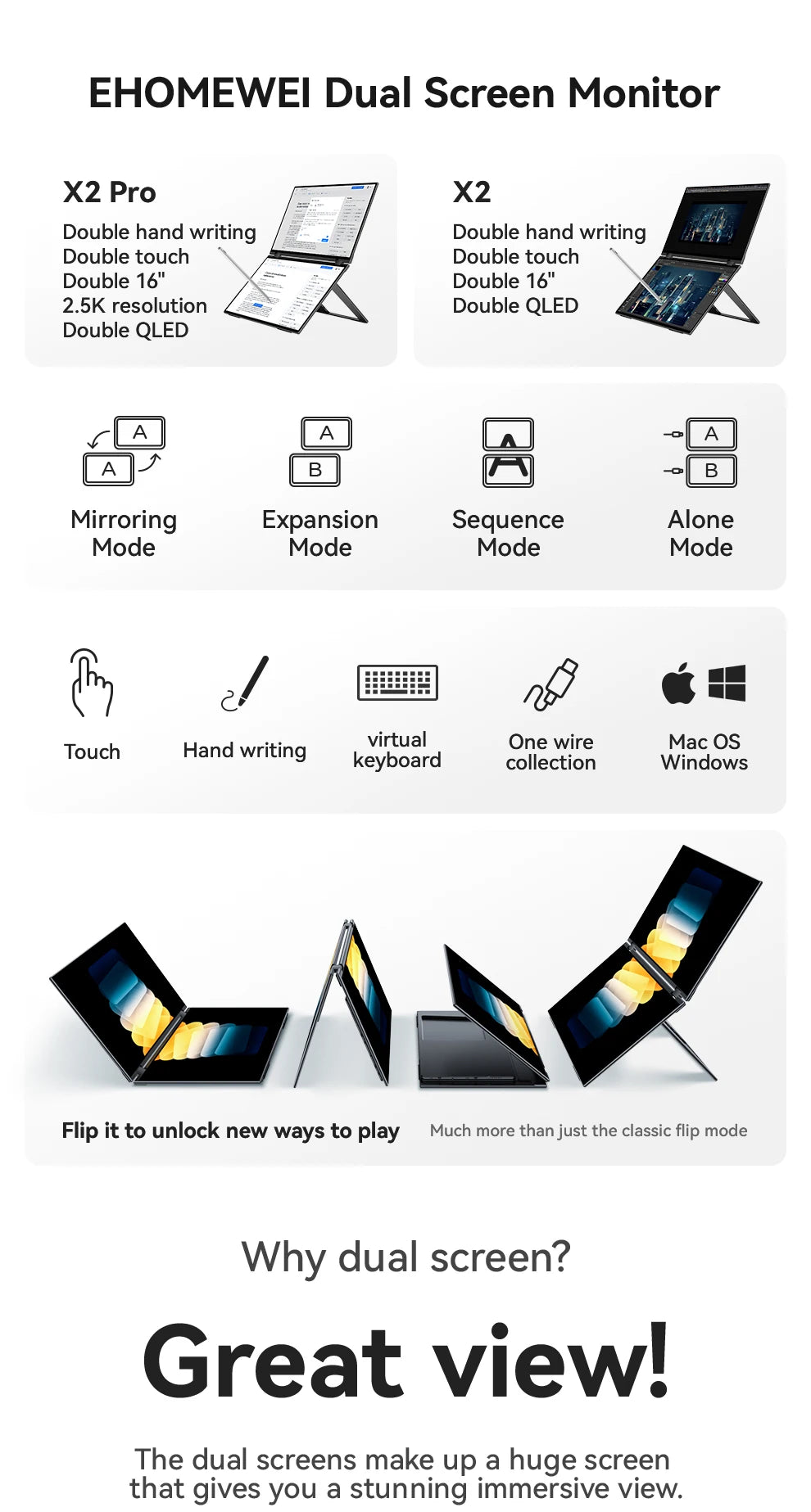 EHOMEWEI Dual Screen Portable Monitor X Series Drive-free Phone-touch FHD 2K 15.6“ 16“ For Laptop Windows Macbook - Merit Sell