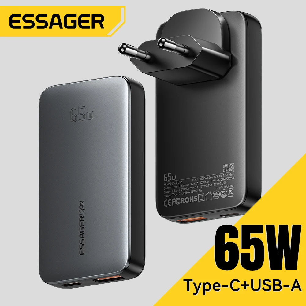 ESSAGER 65W GaN Charger PD Charge Type C USB Charger Support QC PPS Portable Fast Charger For iPhone 16 15 14 13 Laptop Charger - Merit Sell