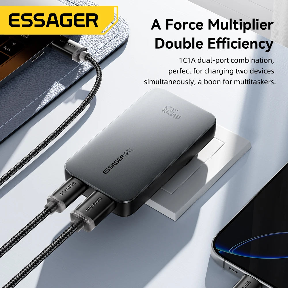 ESSAGER 65W GaN Charger PD Charge Type C USB Charger Support QC PPS Portable Fast Charger For iPhone 16 15 14 13 Laptop Charger - Merit Sell