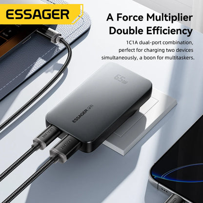 ESSAGER 65W GaN Charger PD Charge Type C USB Charger Support QC PPS Portable Fast Charger For iPhone 16 15 14 13 Laptop Charger - Merit Sell