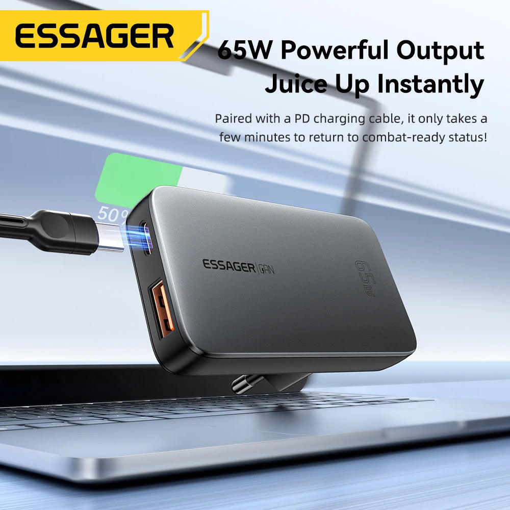 ESSAGER 65W GaN Charger PD Charge Type C USB Charger Support QC PPS Portable Fast Charger For iPhone 16 15 14 13 Laptop Charger - Merit Sell