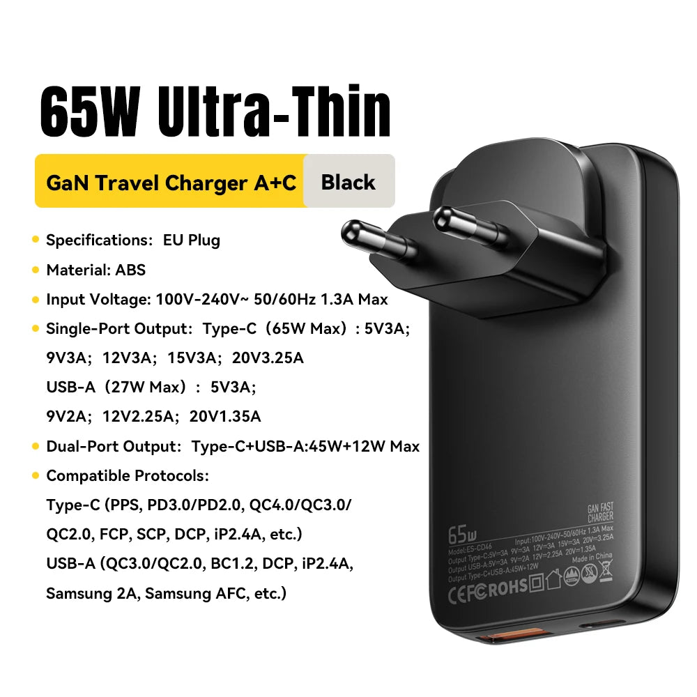 ESSAGER 65W GaN Charger PD Charge Type C USB Charger Support QC PPS Portable Fast Charger For iPhone 16 15 14 13 Laptop Charger - Merit Sell